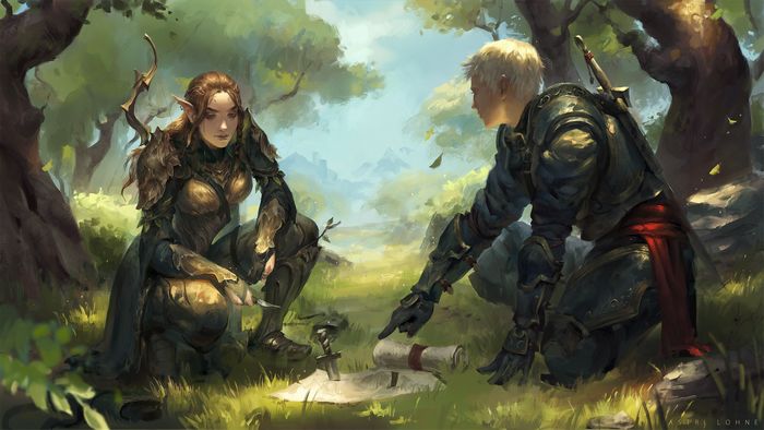 Elf warrior and human warrior examining a map in a forest