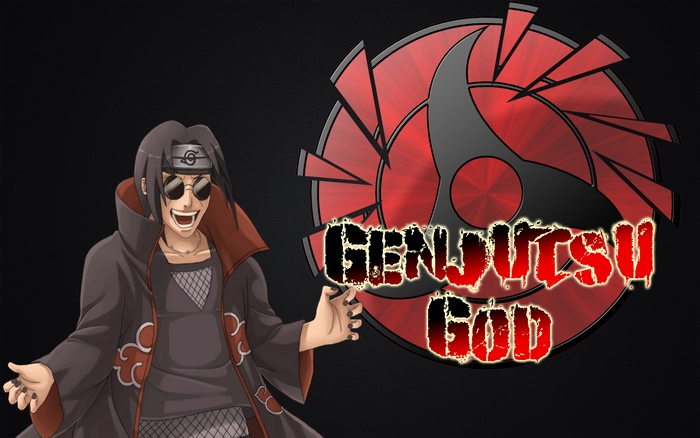 Itachi Uchiha from Naruto with Genjutsu God text