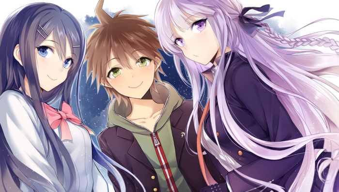Kyoko Kirigiri, Makoto Naegi, and Sayaka Maizono from Danganronpa