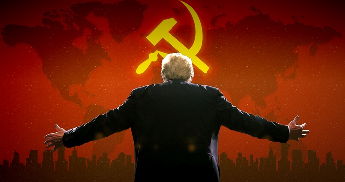 Donald Trump and Soviet Union symbol over world map