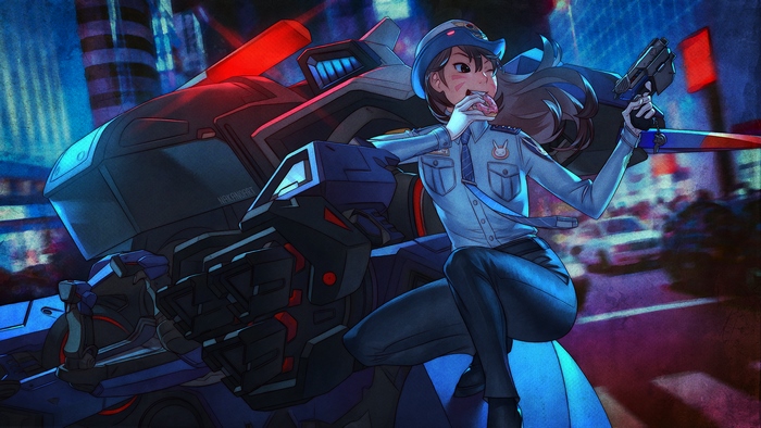 D.Va from Overwatch in a police uniform eating a donut