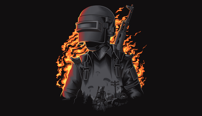 PlayerUnknown's Battlegrounds character with flames and battle scene