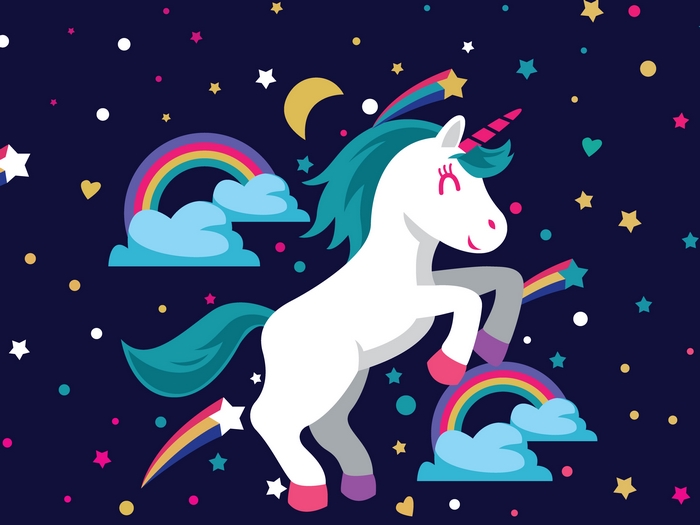 Colorful Unicorn with Rainbows and Stars