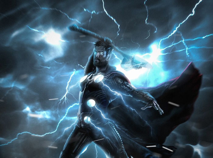 Thor wielding Mjolnir surrounded by lightning