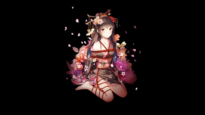 Anime girl in kimono with flowers 4K