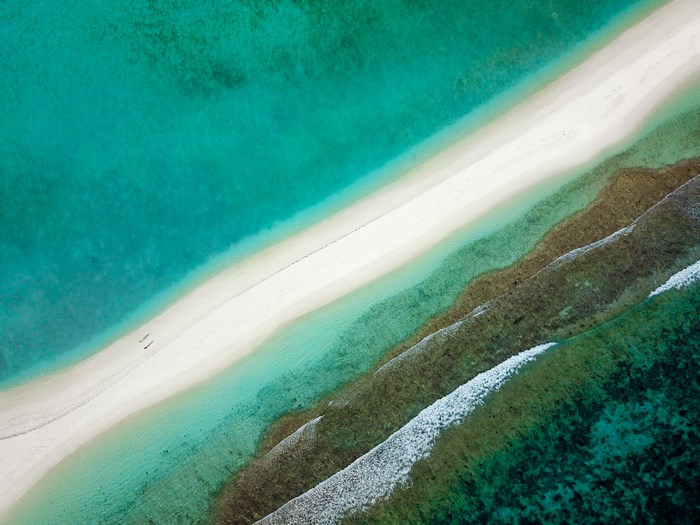 Aerial view of a sandbar in the Maldives