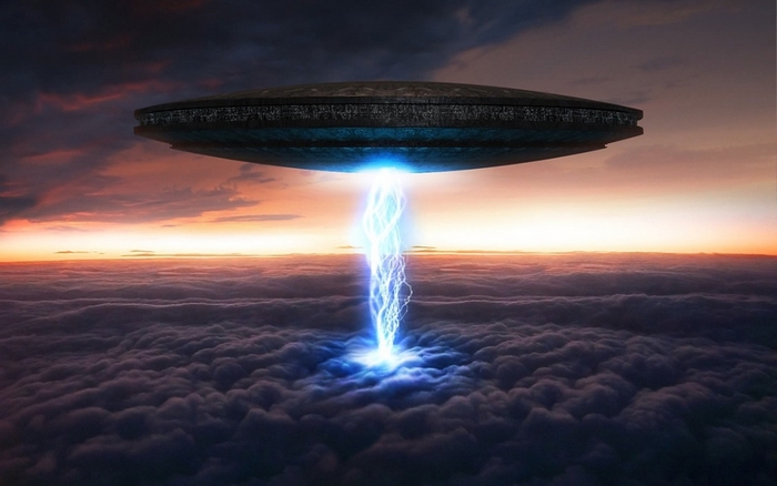 UFO emitting lightning over clouds at sunset