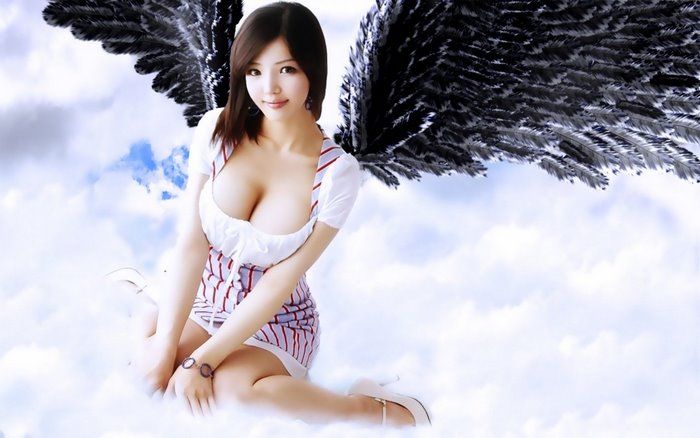 Asian angel with black wings in clouds