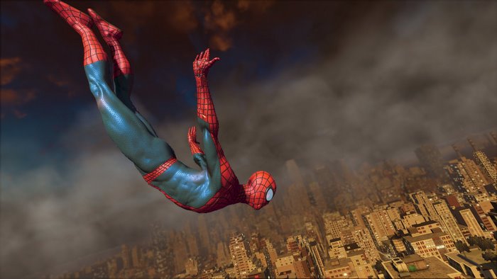 Spider-Man falling over a city