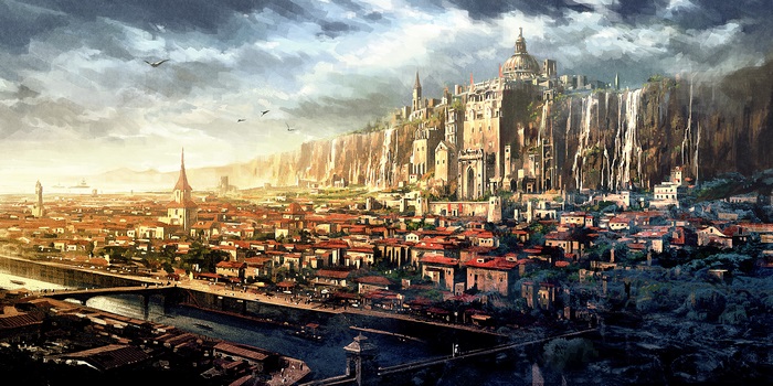 Fantasy city with waterfalls and a large dome building