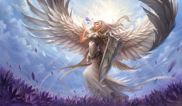 Angel with wings and shield in a field of flowers