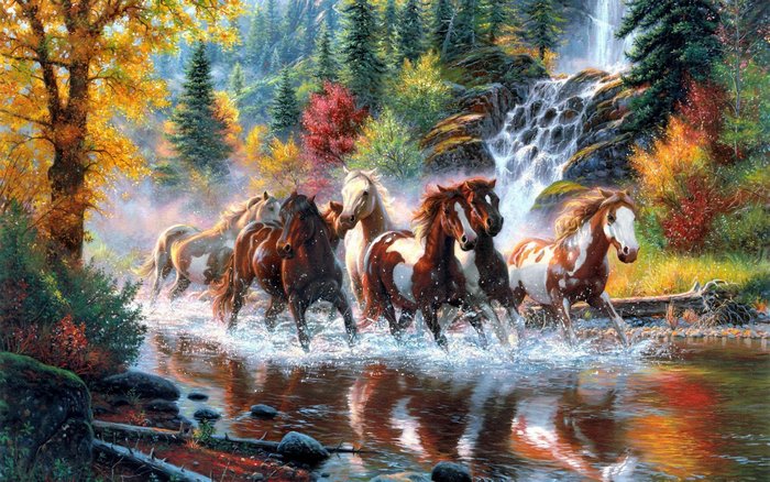 Horses Running Through Autumn Forest River