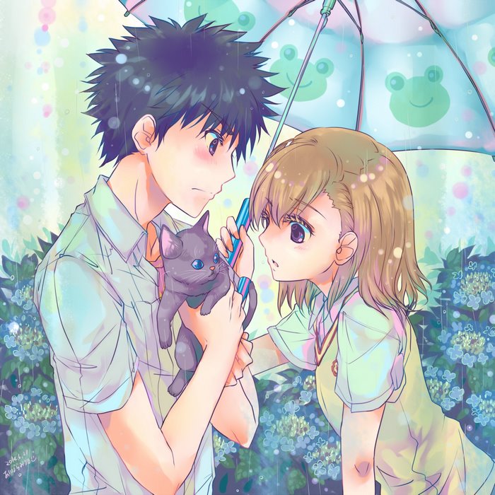 Anime couple with cat under umbrella in rain