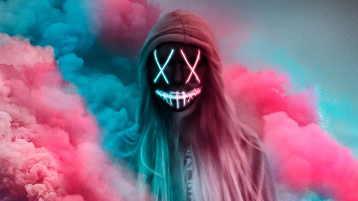 Neon Masked Figure with Colorful Smoke 4K