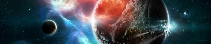 Space scene with planets and spaceship