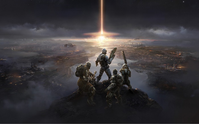 Soldiers overlooking a destroyed city with a beam of light in the sky