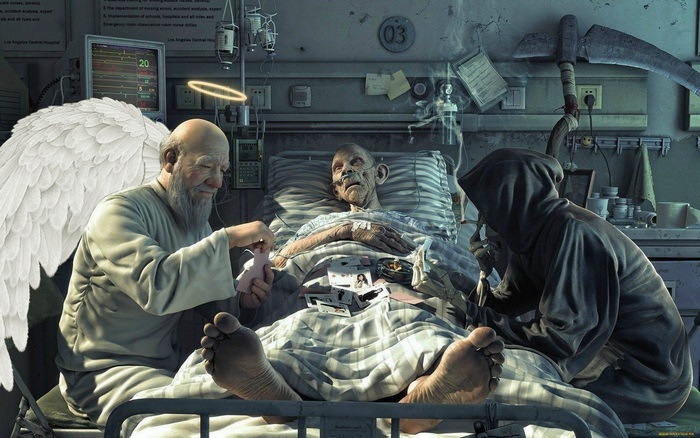 Angel and Grim Reaper Visiting Elderly Man in Hospital