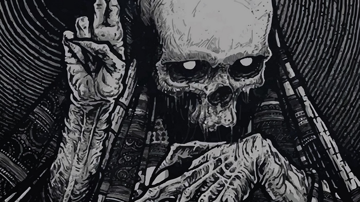 Creepy skeleton with glowing eyes and raised hands
