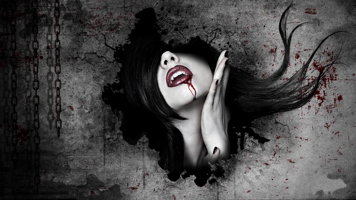 Gothic Vampire Woman with Blood on Wall