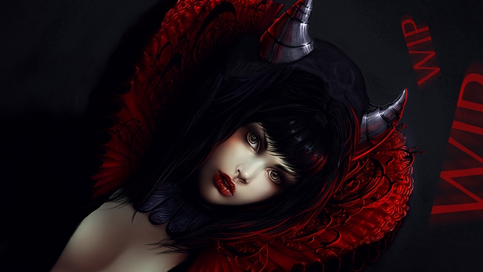 Dark fantasy demon girl with horns and red feathers