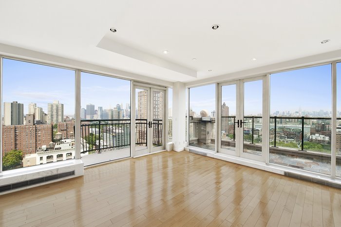 Apartment interior with city view and balcony