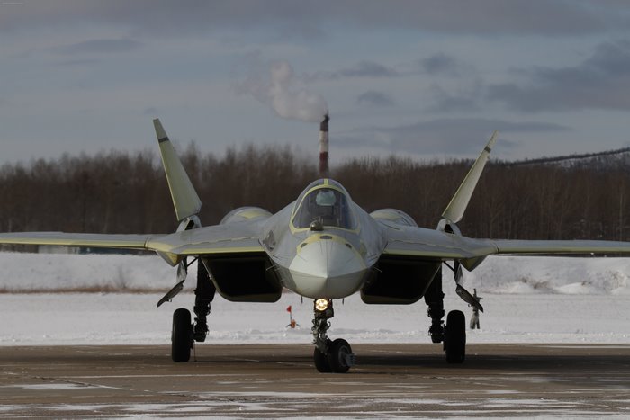 Sukhoi T-50 fighter jet on a runway