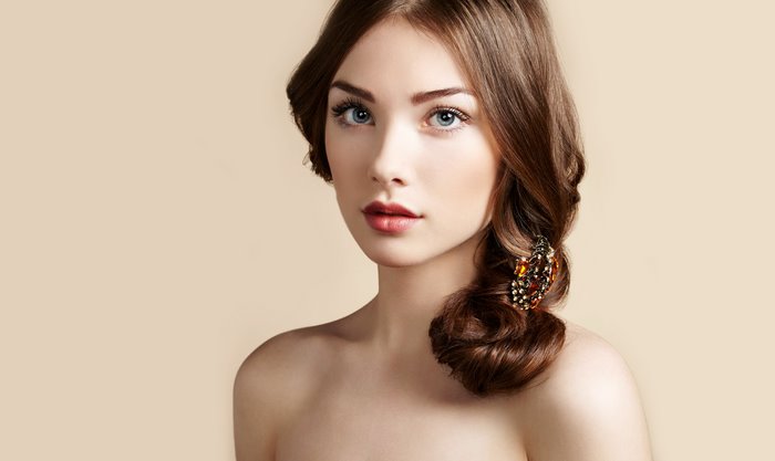Beautiful woman with brown hair and blue eyes