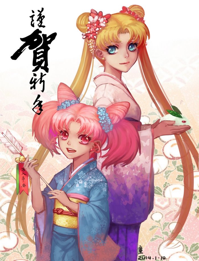 Sailor Moon and Chibiusa in Kimonos