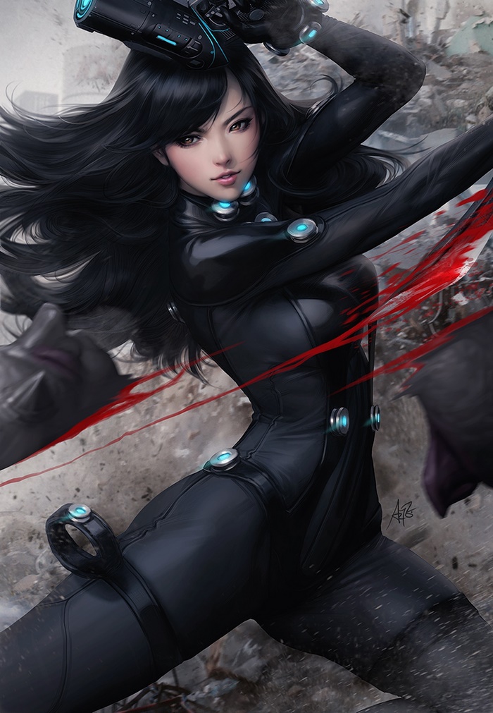 Woman in futuristic suit with gun and sword