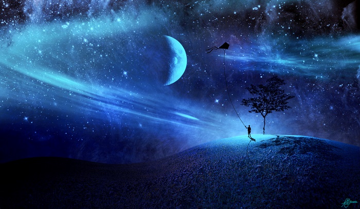 Fantasy night sky with moon and person flying a kite
