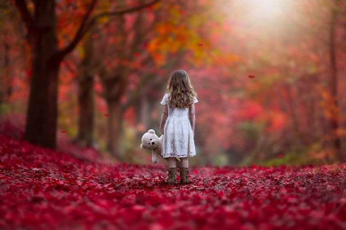Girl with teddy bear in autumn forest