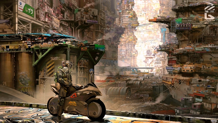 Cyberpunk city with a person on a motorcycle