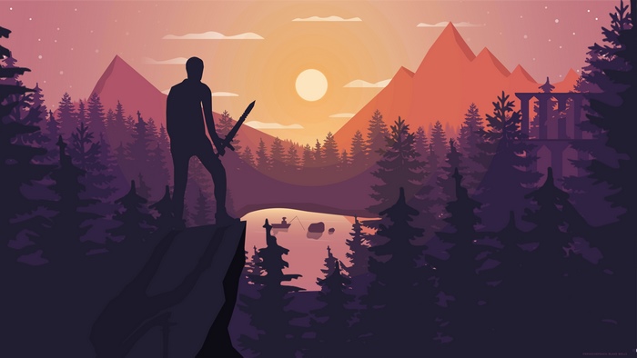 Minimalist digital art of a warrior overlooking a forest and lake