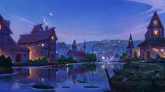 Fantasy Village by a Lake at Night