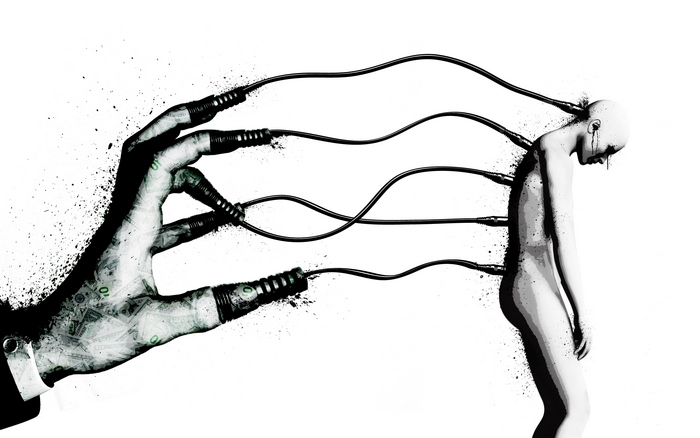 Hand controlling a puppet with money and wires