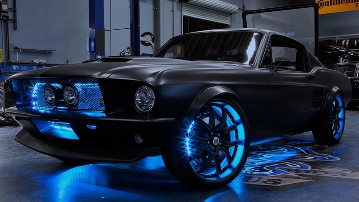 Black Ford Mustang with Blue Neon Lights