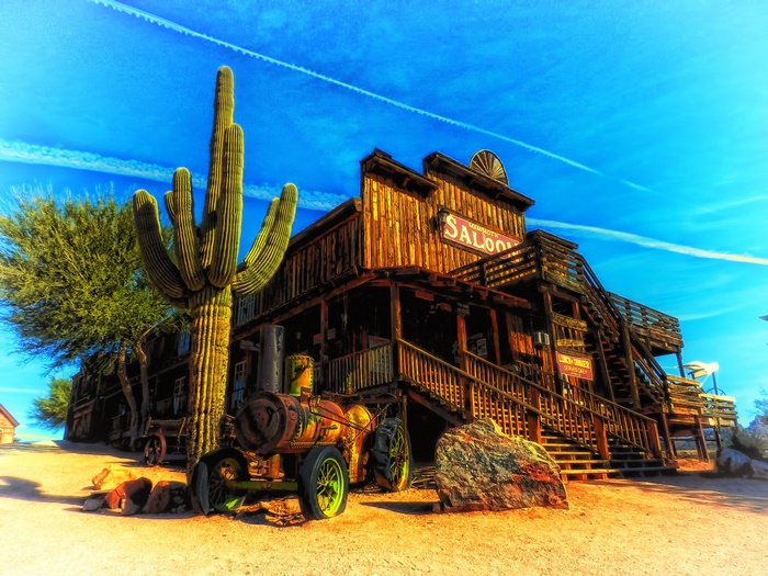 Arizona Saloon with Saguaro Cactus and Old Train