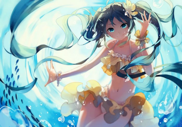 Hatsune Miku underwater in a yellow bikini