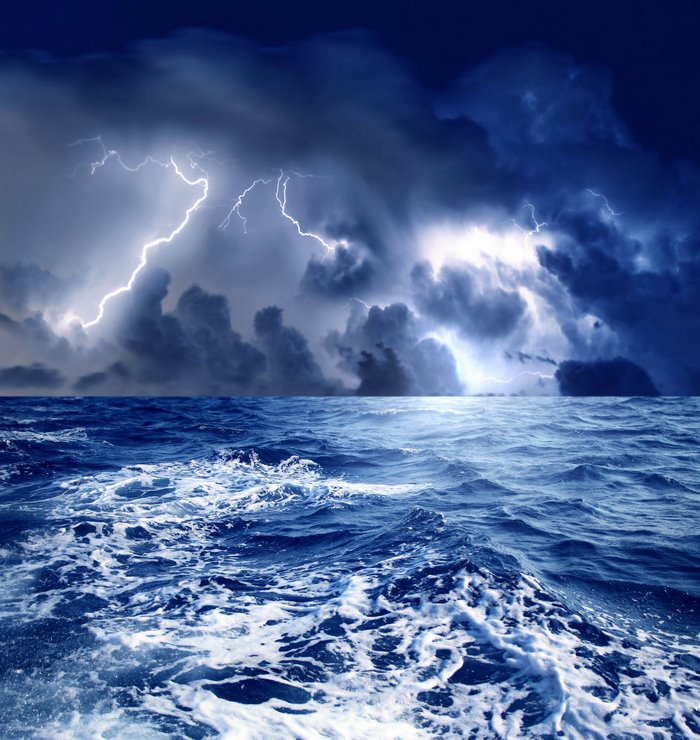 Ocean storm with lightning and waves