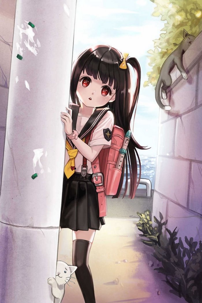 Anime girl in school uniform with cats