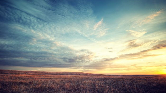 Sunset over a grassy field with clouds