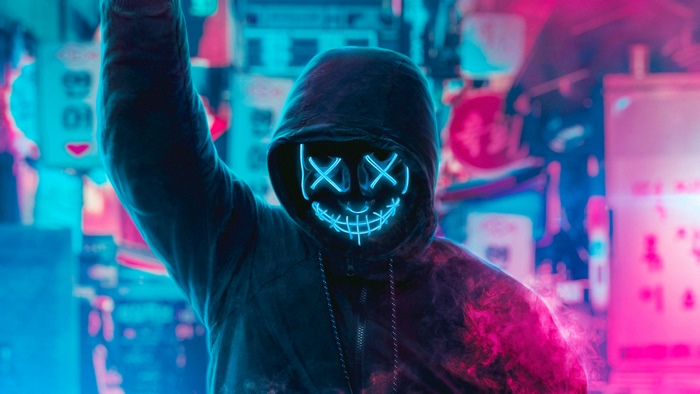 Neon Glowing Masked Figure in Hoodie 4K