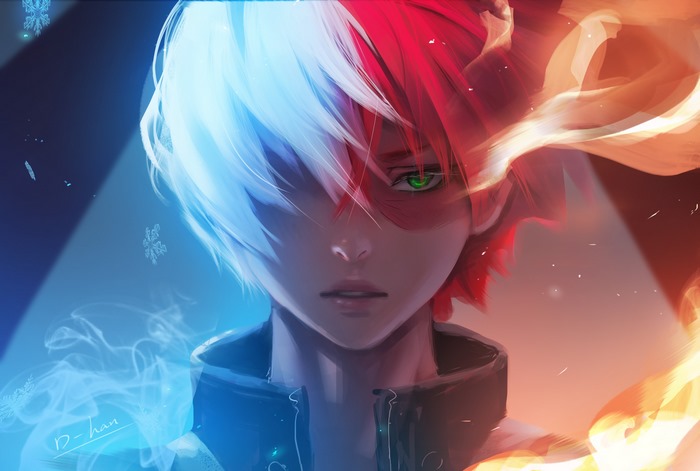 Shoto Todoroki from My Hero Academia with ice and fire