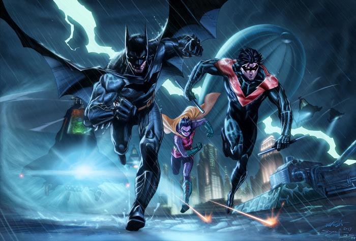Batman, Robin, and Nightwing running in the rain
