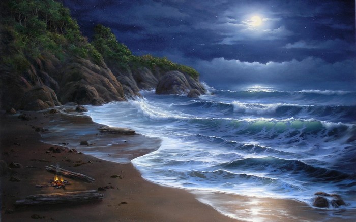 Moonlit Beach with Waves and Campfire