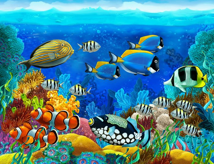Underwater coral reef with various tropical fish