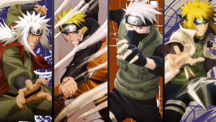 Jiraiya, Naruto, Kakashi, and Minato from Naruto Shippuden