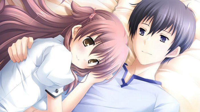 Anime couple hugging on a bed