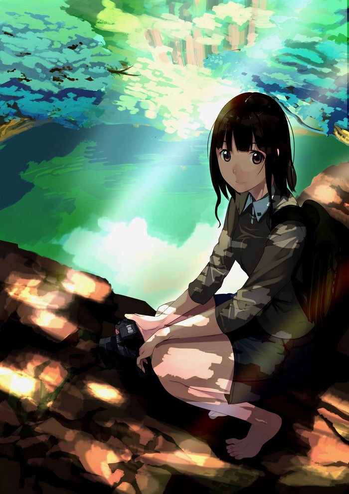 Anime girl with camera sitting on rocks
