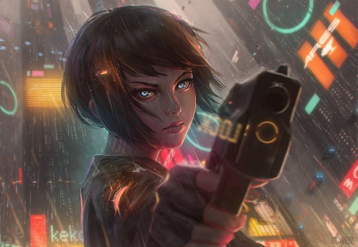 Anime girl with gun in rainy cyberpunk city